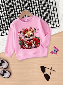 1pc Young Girl Casual Christmas Reindeer Print Long Sleeve Sweatshirt, Autumn/Christmas Season