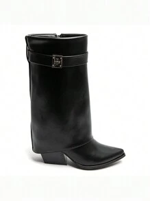 女士方跟金属扣靴 - 现代优雅设计 - 黑色 - 查看 3