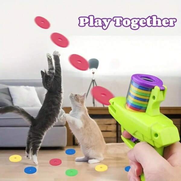 Set Of Interactive Cat Toy Launchers With Foam Discs - Manual Launchers For Pet Play And Exercise, Durable Plastic, No Batteries Required - Colorful Discs For Party Games And Fun Activities