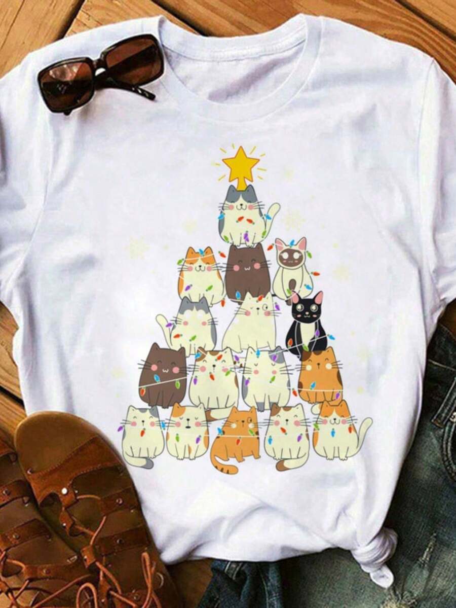 Unisex Cartoon Cat With Christmas Tree T-Shirt - 白色 - 查看 1