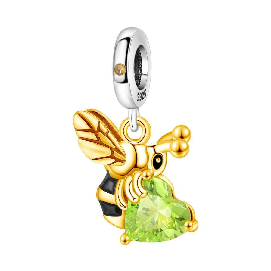 1 件 S925 纯银 18K 镀金勤劳蜜蜂心形绿色锆石吊坠 DIY 时尚手链项链女士周年纪念生日礼物送给朋友和家人 - 銀色 - 查看 1