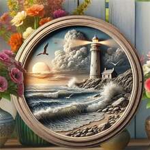 1 件灯塔海滩场景 8x8 英寸圆形金属标牌 - 防水、预钻孔墙面装饰，适用于家庭、花园、厨房和车库。复古魅力新嬉皮花园牌匾 | 送给女性的完美礼物 | 适用于户外、露台、办公室、客厅、咖啡厅、酒吧、随机孔位置 - 彩色 - 查看 4