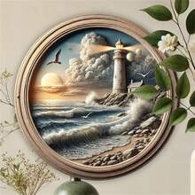 1 件灯塔海滩场景 8x8 英寸圆形金属标牌 - 防水、预钻孔墙面装饰，适用于家庭、花园、厨房和车库。复古魅力新嬉皮花园牌匾 | 送给女性的完美礼物 | 适用于户外、露台、办公室、客厅、咖啡厅、酒吧、随机孔位置 - 彩色 - 查看 5