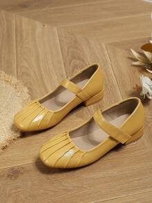 女士复古荷叶边玛丽珍鞋，粗跟，钩环带，低跟，黄色，秋冬新品 - 黃色 - 查看 2