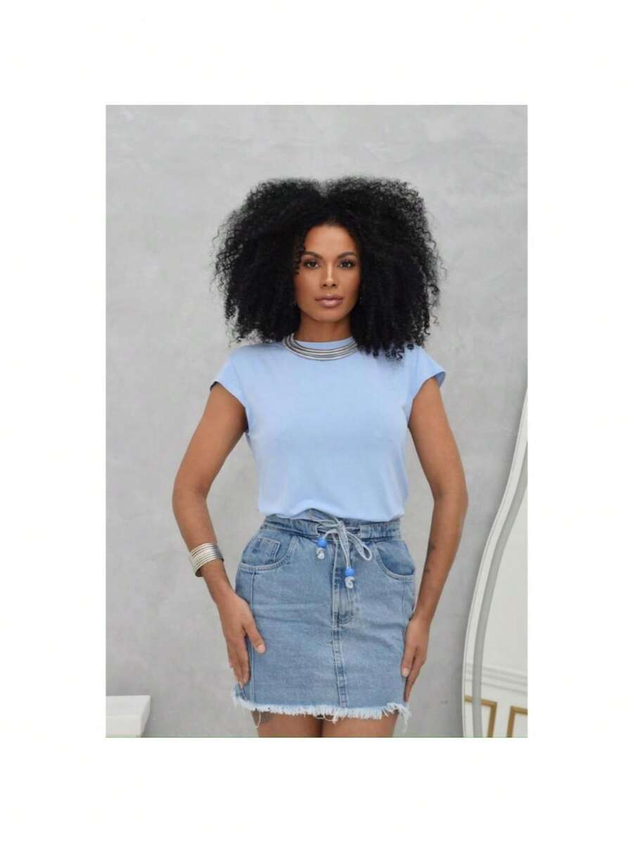 Women's Plain Blouse Short Sleeve Japanese Summer Fashion Summer Work Basic Blogger - 淺藍色 - 查看 1