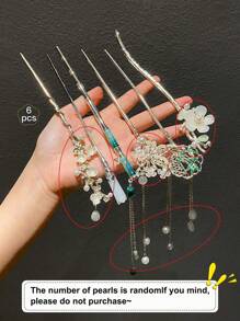 1/6件装女士时尚优雅发髻发夹，尽显奢华质感，仿珍珠金色流苏，中式花朵发髻，适合日常及派对佩戴，女士发饰，新年礼物推荐，发夹，发型发夹，头部饰品 - 彩色 - 查看 10