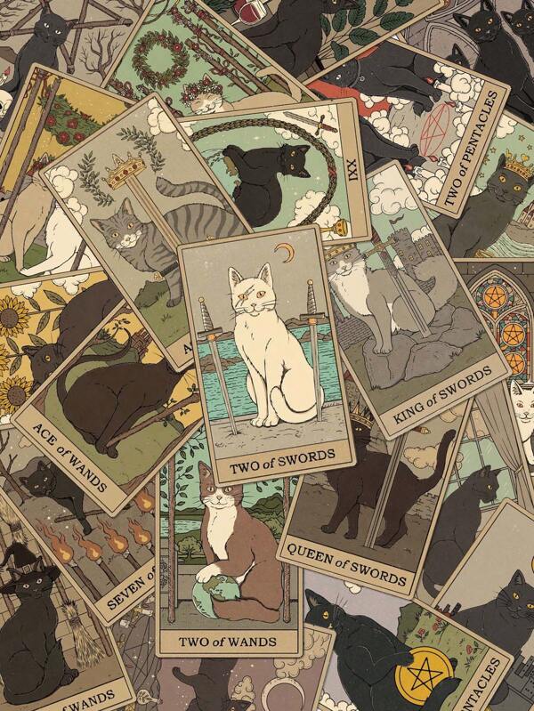 72pcs Retro Cat Tarot Card Sticker Pack For Scrapbook, Luggage, Phone Case, Room Decor, DIY Creative Sticker,Game Boy Phone Case,Sticker Pack Cat,Throne Of Glass