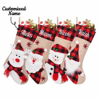 1PC Personalized Christmas Stocking,Custom Name Burlap Plaid Stockings, 18"Large Santa Snowman Deer Xmas Stocking,Holiday And Family Stocking For Fireplace Party Decoration Gifts Birthday Graduation