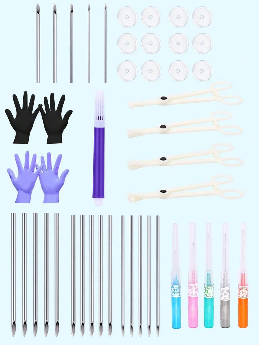 Kit de piercing cu 9 bucăți, ace, cleme, forceps și mănuși asortate - ideal pentru urechi, nas, buric, limbă, mamelon, sprâncene și buze 14G/16G/18G/20G