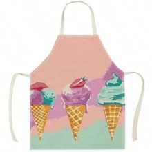 1pc Ice Cream Pattern Linen Apron, Creative & Fashion Print Household Cleaning Apron, Waterproof & Oil-Proof Easy Cleaning Cooking Baking Apron, Creative Home Apron, Work Uniform