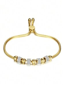 RAYQUEEN 1pc Stainless Steel Rhinestone Beaded Adjustable Bracelet, Versatile & Sparkling, Suitable As Gift - Bracelet - View 9