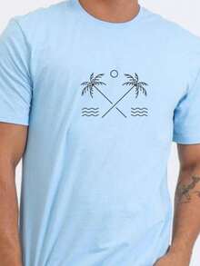 Men's T-Shirt With Coconut Tree Print, Beach - 淺藍色 - 查看 2