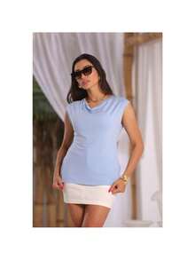 Women's Fashion Blouse Short Sleeve Basic Knit Boba Collar Feminine Fresh Elegant Loose Blogger Social Blouse - 淺藍色 - 查看 1