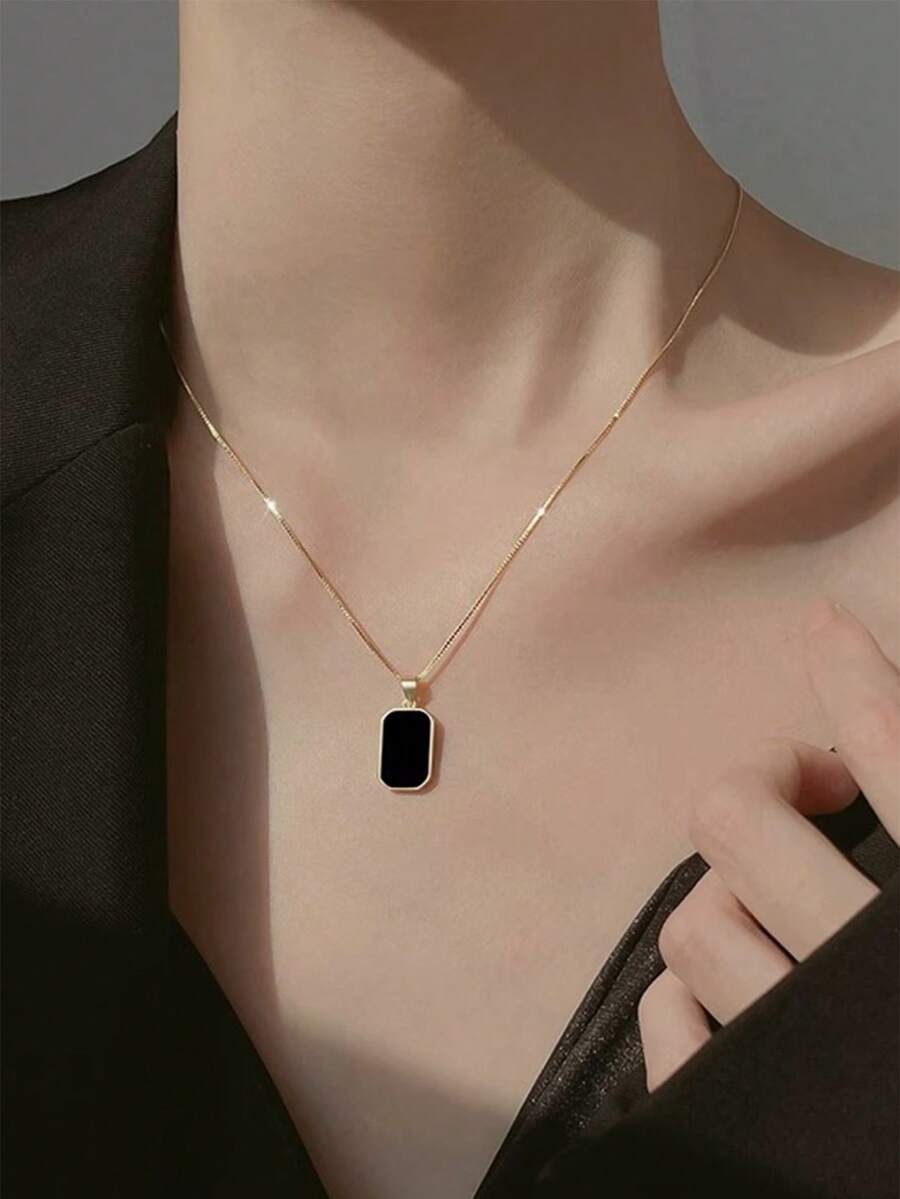 1 chiếc vòng cổ chuỗi đồng hình chữ nhật màu đen dành cho nữ - Vàng - Xem 1