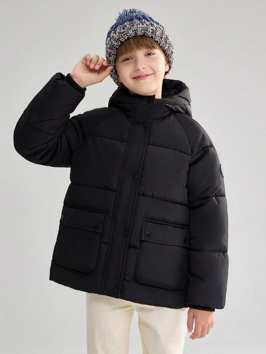 SOLOCOTE Tween Boy Windproof Waterproof Hooded Pocket Zipper Thick Padded Coat, Christmas Gift, Winter - Black - View 1
