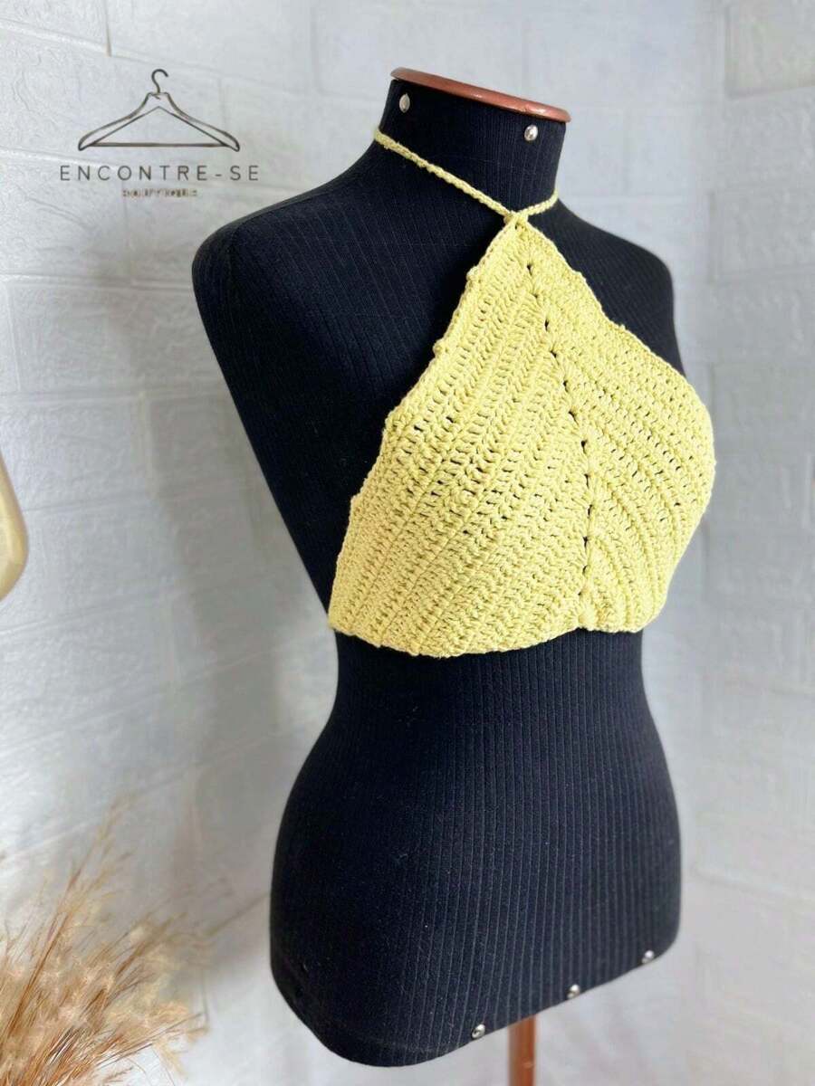 Cropped Crochet Summer 2024 Top Knitted Halter Beach Fashion Carnival Neon - 黃色 - 查看 1