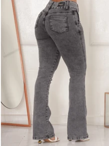 Women's Jeans Graphite Lead Marbled Flare Bell Bottom Ballerina Lycra High Waist - 深灰色 - 查看 3