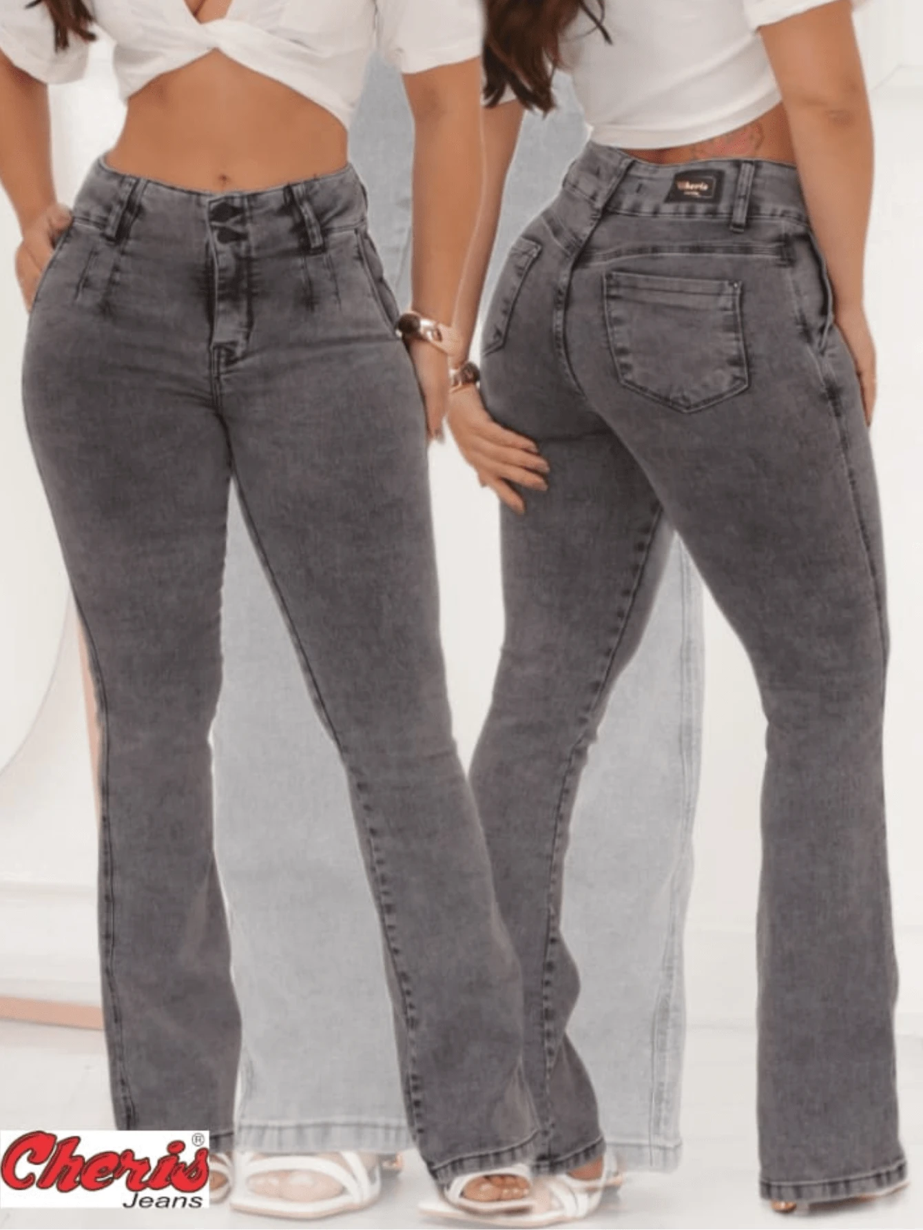 Women's Jeans Graphite Lead Marbled Flare Bell Bottom Ballerina Lycra High Waist - 深灰色 - 查看 1