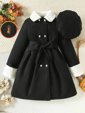 Tween Girl Elegant Solid Color Coat With Fuzzy Trim, Includes Hat & Belt, Autumn/Winter