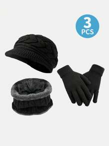 3-Pieces/Set Winter Hat Warm Set, Knit Warm Beanie Hat Neck Warmer Touch Screen Mittens For Women - 3-piece Set - View 1