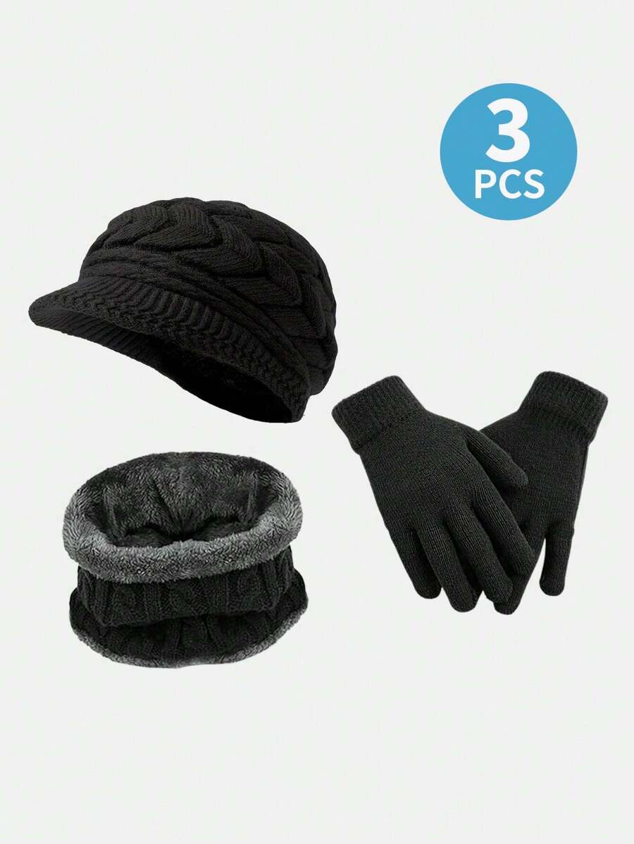 3-Pieces/Set Winter Hat Warm Set, Knit Warm Beanie Hat Neck Warmer Touch Screen Mittens For Women - 3-piece Set - View 1