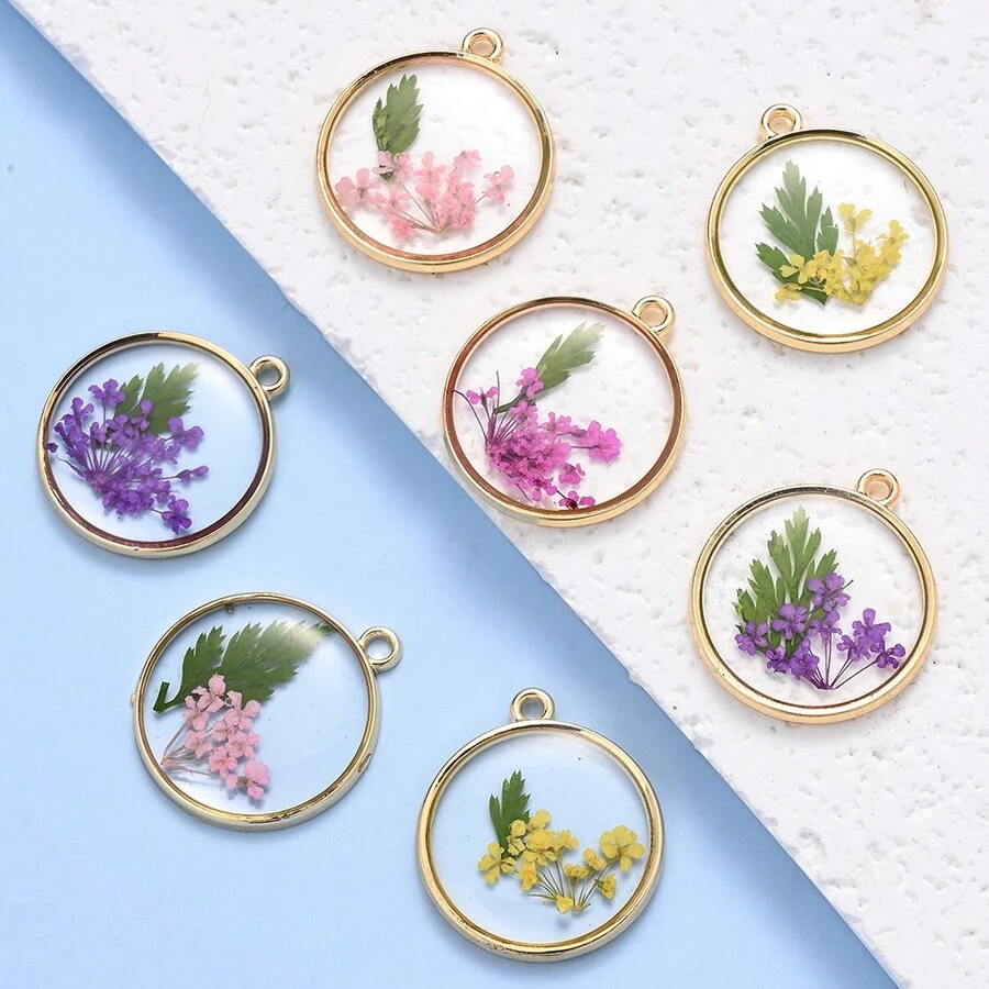 3 chiếc 20mm hợp kim kẽm hoa khô thật mặt dây chuyền, DIY nhựa vòng cổ bông tai đồ trang sức phụ kiện - Nhiều màu - Xem 1