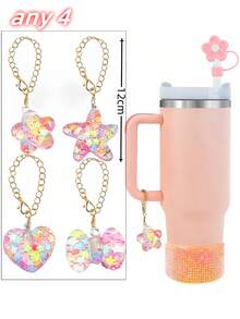 Bộ 4 chiếc ống hút, hộp quà hình sao biển, sao năm cánh, trái tim, nơ, bộ trang trí cốc treo thời trang & sáng tạo cho bé gái, phụ kiện cốc - Nhiều màu - Xem 2