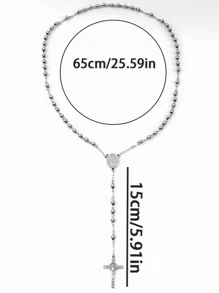 女士不锈钢宗教基督教圣母玛利亚和耶稣十字架吊坠串珠长项链，时尚珠宝 - 銀色 - 查看 4