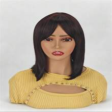 Medium-Length Straight Hair Fully Machined Bangs Wig 14 Inches Linen Brown Heat-Resistant Fiber High Temperature Silk Wig Dyeable And Permable Bangs Synthetic Wig Linen Brown Short Bob Wigs For Linen Brown Synthetic Wigs With Bangs Heat Resistant Fiber - 棕色 - 查看 1