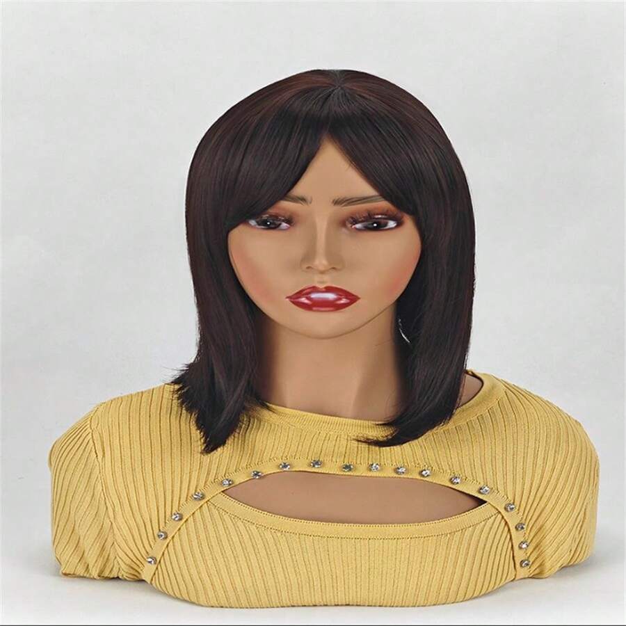 Medium-Length Straight Hair Fully Machined Bangs Wig 14 Inches Linen Brown Heat-Resistant Fiber High Temperature Silk Wig Dyeable And Permable Bangs Synthetic Wig Linen Brown Short Bob Wigs For Linen Brown Synthetic Wigs With Bangs Heat Resistant Fiber - 棕色 - 查看 1