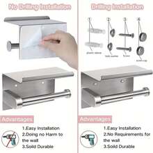 壁挂式不锈钢卫生纸架，带架子，自粘式卫生纸卷分配器，防水防锈，万圣节、圣诞节装饰品 - 銀色 - 查看 8