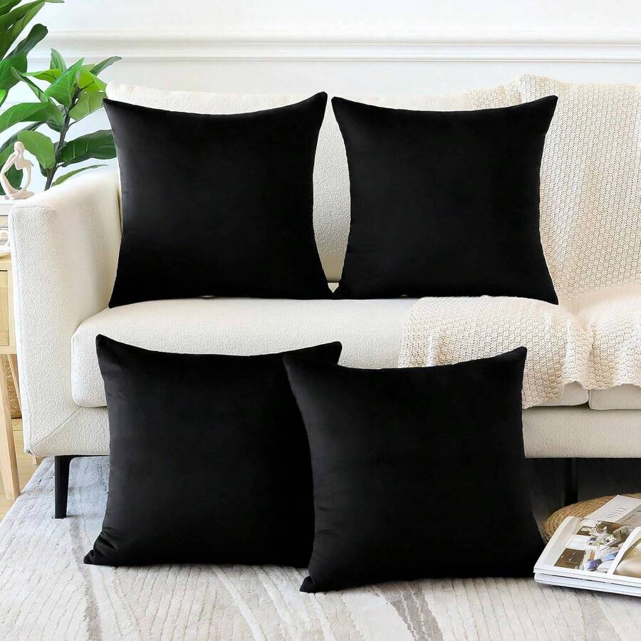 Set Of 4 Decorative Cushion Covers Solid Soft Velvet Pillow Covers With Invisible Zipper Square Throw Pillow Cases For Sofa Car Patio Bedroom Living Room 45x45cm Black