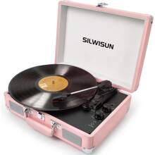 SILWISUN 3 Speeds Record Player Vintage Portable Suitcase Turntable, Bluetooth Vinyl Phonograph With Built-In Battery & Speakers, 3.5MM Headphone Jack/AUX/RCA/Belt-Driven, Pink