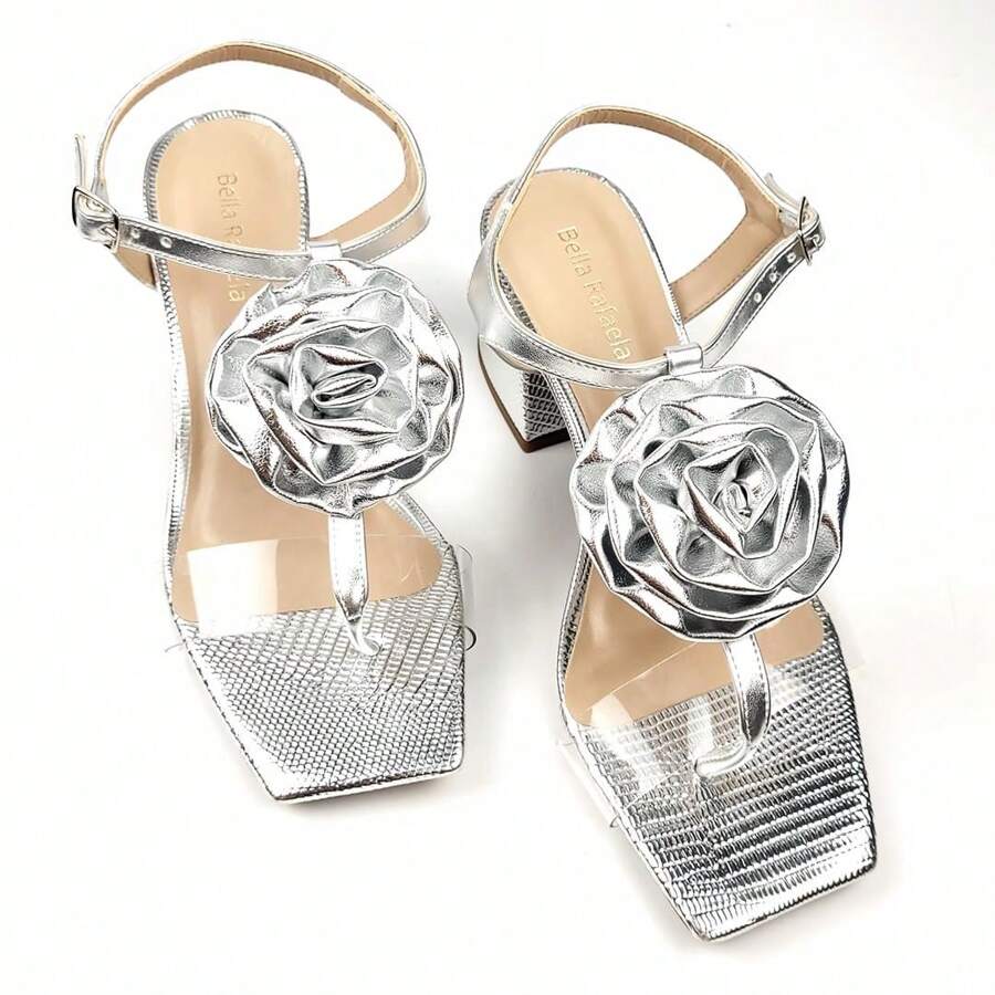 Women's Casual Block Heel Sandal With Golden Flower - 銀色 - 查看 1