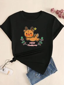 Cute Merry Christmas Elk T-Shirt Women Fashion Printed Babylook Short Sleeve - màu đen - Xem 1