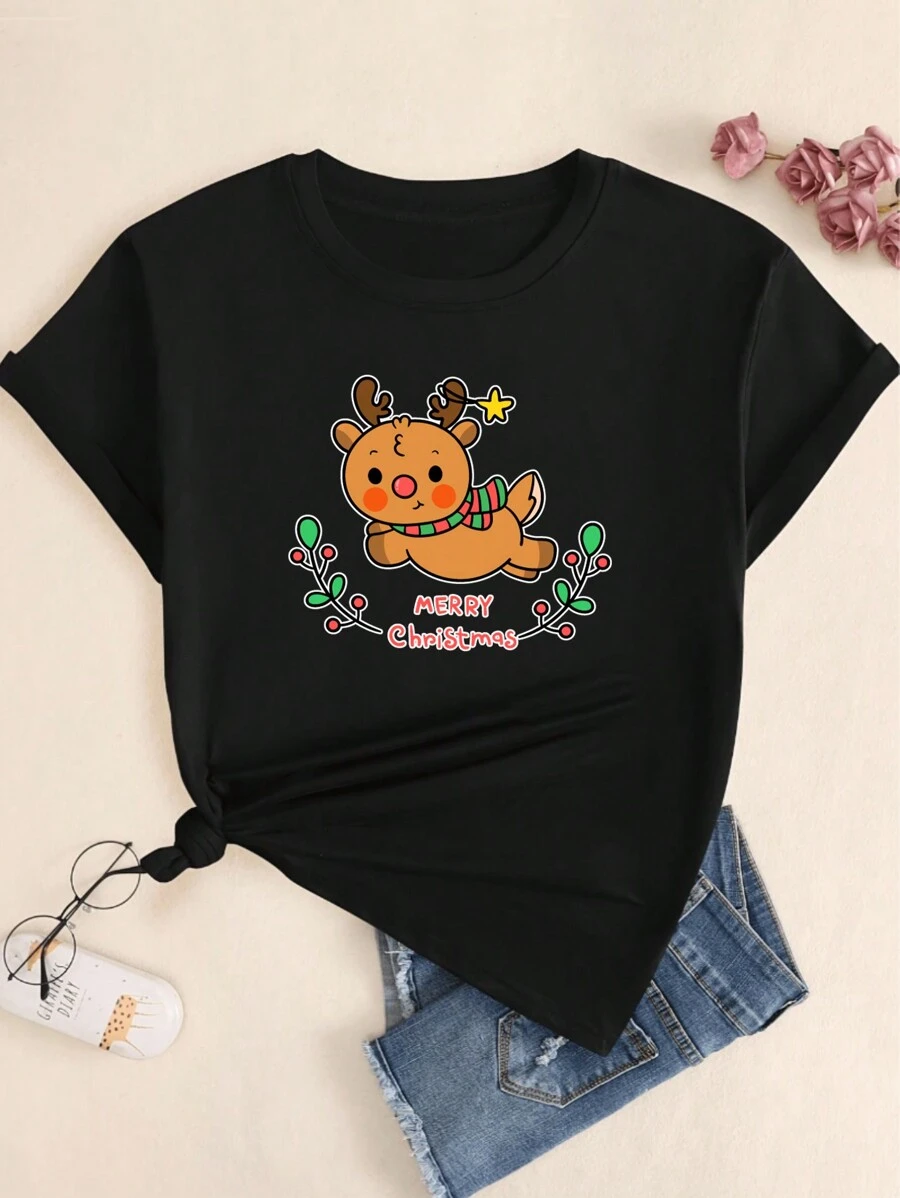 Cute Merry Christmas Elk T-Shirt Women Fashion Printed Babylook Short Sleeve - màu đen - Xem 1