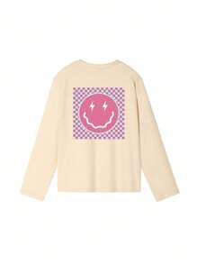 1pc Girls Youth Casual Lightning & Smiling Face Print Round Neck Pullover Long Sleeve T-Shirt, T-Shirt Design Inspires Daring Dreams And Courage For Brave Tween Girl, Autumn