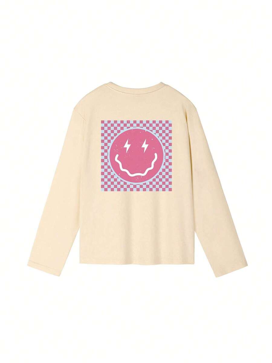 1pc Girls Youth Casual Lightning & Smiling Face Print Round Neck Pullover Long Sleeve T-Shirt, T-Shirt Design Inspires Daring Dreams And Courage For Brave Tween Girl, Autumn