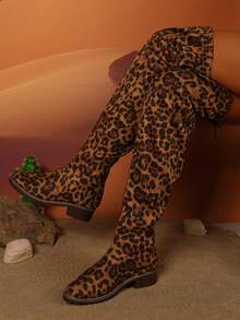 女士新款粗跟高筒靴，过膝弹力长靴，圆头豹纹高跟鞋，适合秋冬季多种服装搭配 - 豹紋棕底 - 查看 5