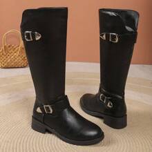 Autumn/Winter New Fashion Women's Thick-Sole Chunky Heel Boots, Buckle Detail Above-Knee Boots, Black High Boots
