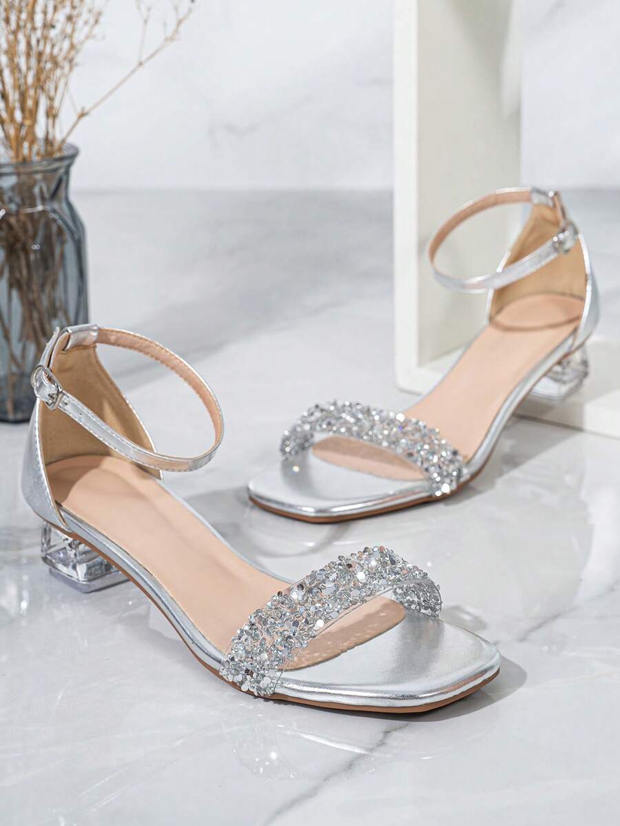 Women's Fashion Crystal Heel Glass Rhinestone Ankle Strap Open Toe