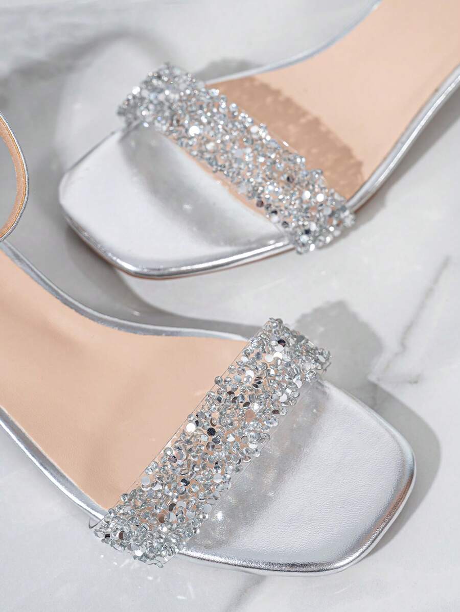 Women's Fashion Crystal Heel Glass Rhinestone Ankle Strap Open Toe