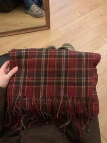 Khăn choàng Tartan cho nữ - Khăn choàng dài dệt 100%, Kiểu dáng phổ biến, dày dặn, ấm áp khi đi học đại học, Họa tiết kẻ caro trang trí không co giãn, Chống gió, Không lông vũ, Lý tưởng để giữ ấm vào mùa đông thu - rượu vang đỏ nho đen - Xem 4