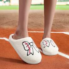 Christmas Gift Women Warm Embroidered Cute Bow Pattern Fluffy Slide Slippers With Baseball Elements, Thick Sole Sports Sandals
