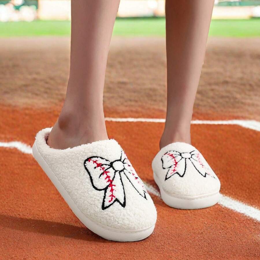 Christmas Gift Women Warm Embroidered Cute Bow Pattern Fluffy Slide Slippers With Baseball Elements, Thick Sole Sports Sandals