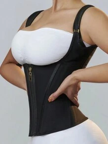 1 件女式 15 骨乳胶束腰拉链开合背心式紧身胸衣塑身衣，适合日常穿着 - 黑色 - 查看 1