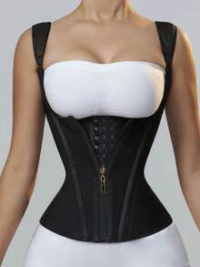 1 件女式 15 骨乳胶束腰拉链开合背心式紧身胸衣塑身衣，适合日常穿着 - 黑色 - 查看 2
