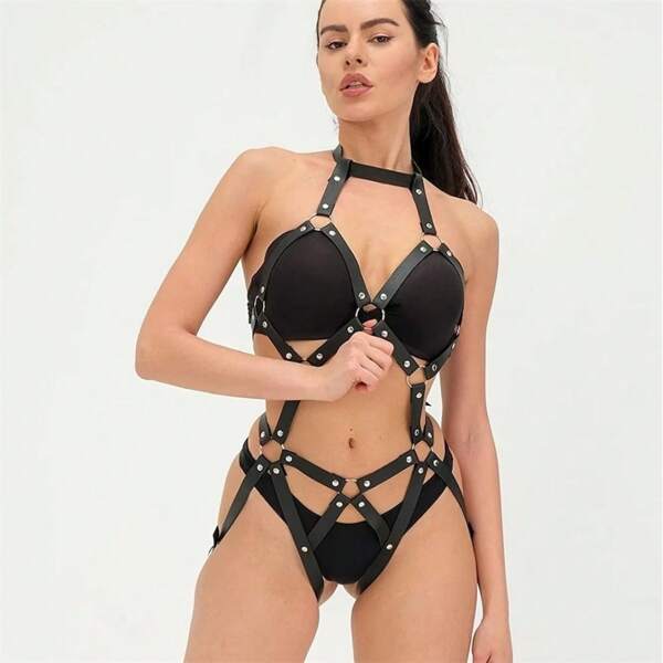 1 PC Black PU Leather Women Punk Hollow Suspender Body Shaping Bodysuit Sexy Lingerie Accessories