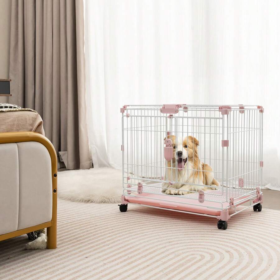 Folding Dog Kennel, Metal Wire Dog Crate With Universal Lockable Wheels