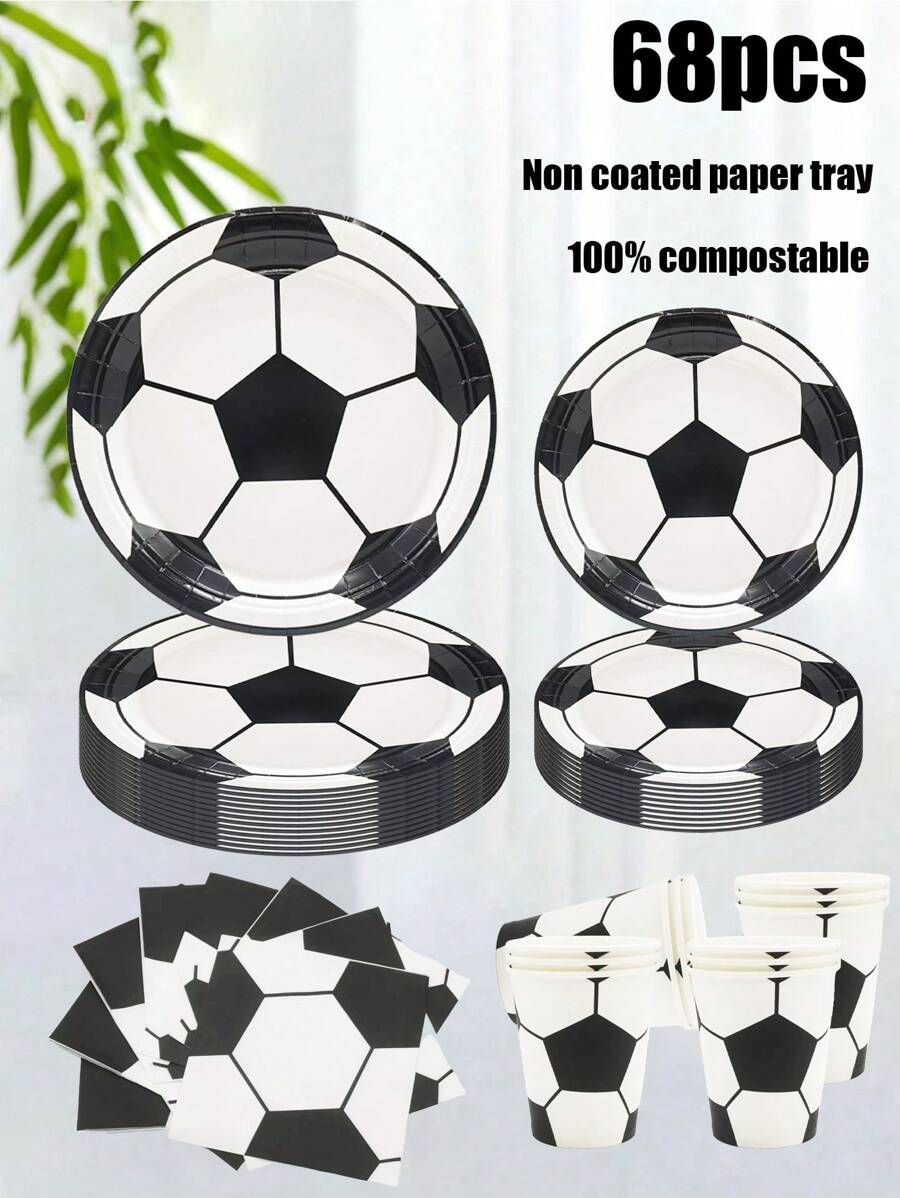 68pcs Disposable Soccer Theme Paper Plates, Cake Plates, Party Plates, Birthday Plates, Suitable For Birthday Party, Gathering, Picnic, Camping, BBQ, Beach Party - Multicolor - View 1